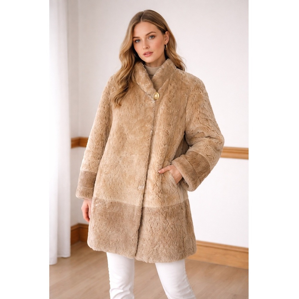 Designer Coat Women Large Tan Mauve Shearling Beaver Leather Fur Trim Reversible